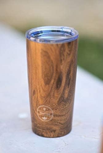 20 OZ Vacuum Insulated Double Wall 18/8 Stainless Steel Coffee Tumbler, Tall Cup, Beautiful Wood Design, With Durable Lid
