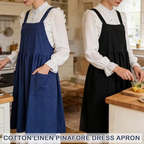 Uaussi Cotton Linen Apron Cross Back Work Apron for Women with Pockets Pinafore Dress X Cross Halter Apron for Chef Gardening - Image 7