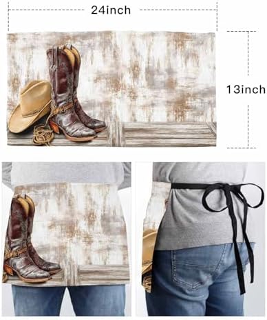 Western Cowboy Boots Waist Apron for Women with 3 Pockets, Vintage Country Brown Wooden Waterproof Chef Waiter Waitress Half Server Apron for Men Teachers Bartender Barista Restaurant Coffee 24"x13" - Image 6