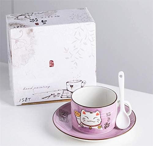 EatingBiting 5 Colors Handcraft Lucky Cat Maneki Neko Ceramic Tea Cups Mugs Dish Spoon 3PCs (purple)