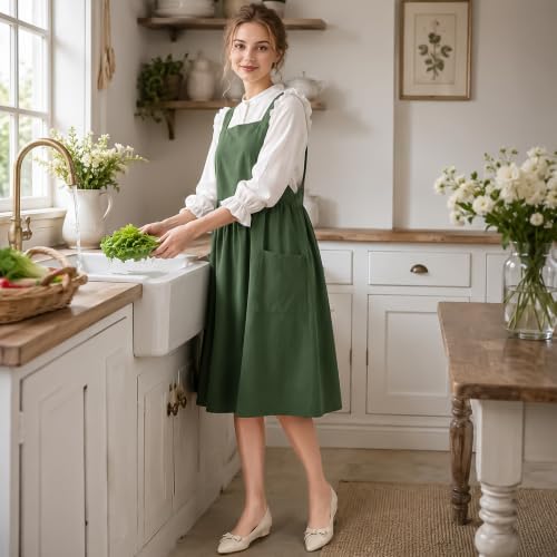 Uaussi Cotton Linen Apron Cross Back Work Apron for Women with Pockets Pinafore Dress X Cross Halter Apron for Chef Gardening - Image 7