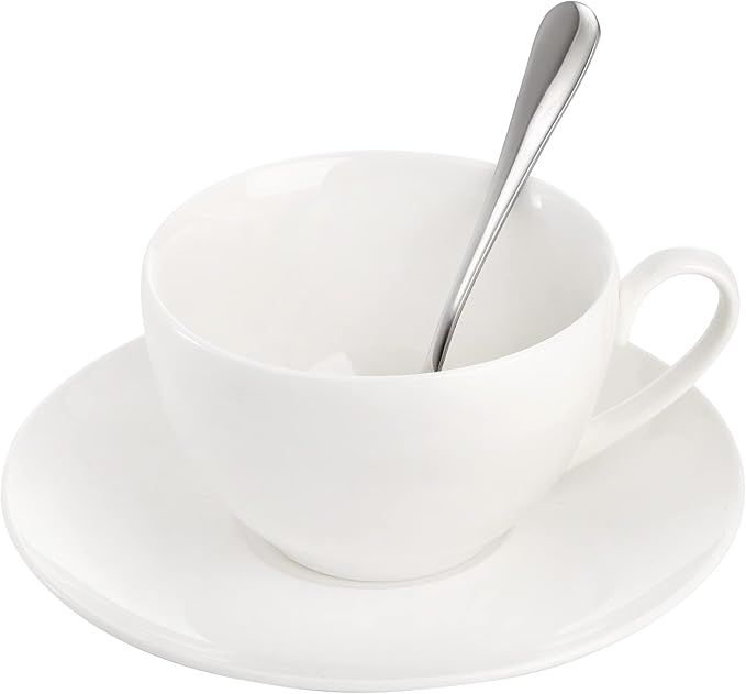 Foraineam Espresso Cups with Saucers and Spoons, 6 oz White Tea Cup Set, Porcelain Coffee Cup and Saucer Set with Stainless Steel Spoon for Specialty Coffee Drinks, Latte, Cafe Mocha and Tea, Set of 6