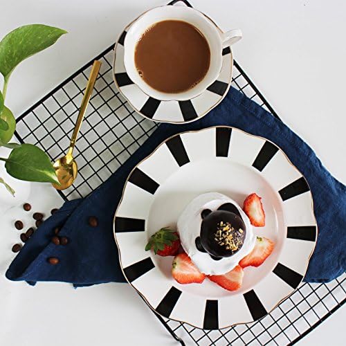 Black and White Retro Series European Striped Polka Dot Coffee Cup and Saucer Mug Cake Plate Afternoon Tea Set (A)