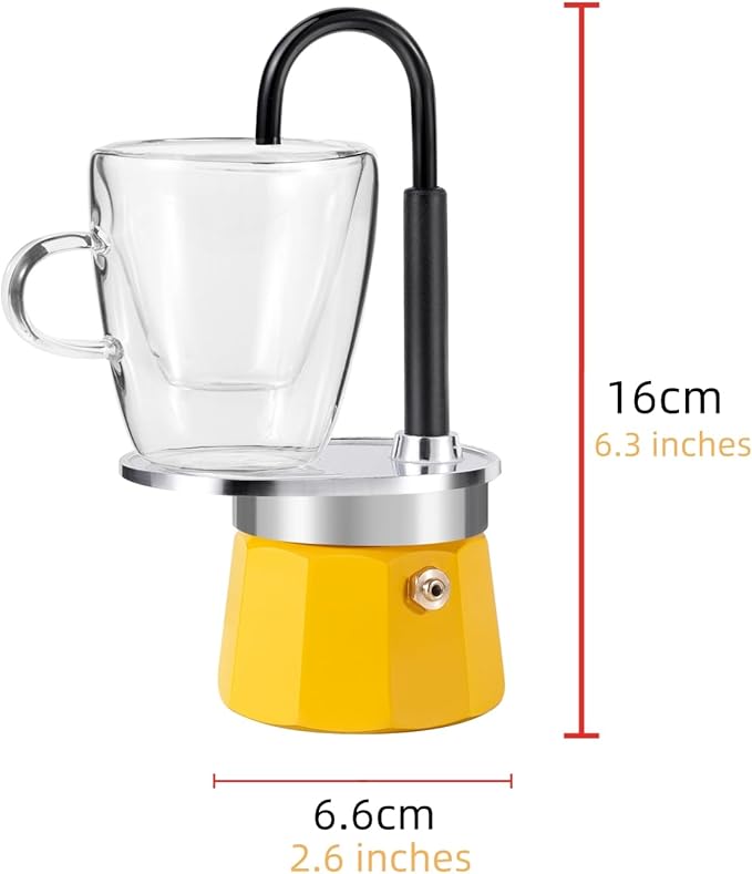 MVPLUE-Mini Express Swiss Single Tube Moka Pot Aluminum Yellow,Moka Set includes One Double Wall 3oz Cup,Enjoy delicious coffee in no time