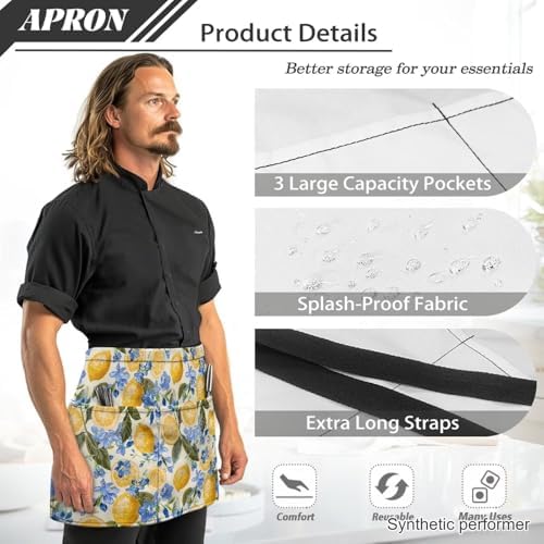 Server Apron with 3 Pockets 13 Inch Short Half Waist Aprons Waterproof Cooking Aprons for Women Men - Image 6