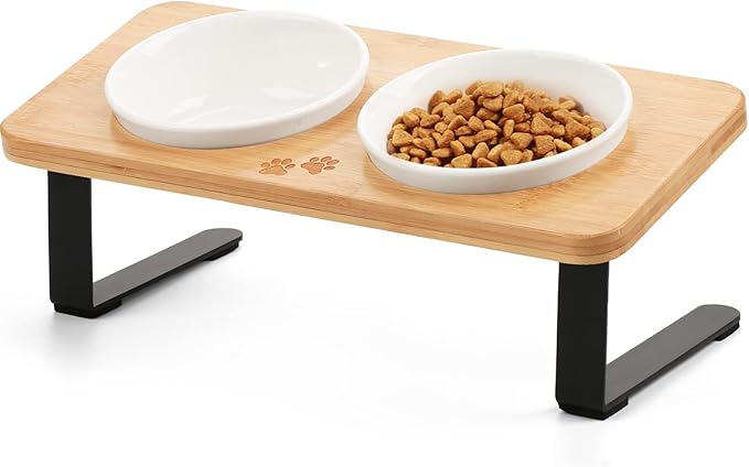 Ceramic Elevated Cat Bowls with 10° Tilted, Anti Vomiting & Whisker Friendly Food and Water Bowls with Bamboo Stand(Anti-Slip Feet), Raised Cat Food Bowls for Indoor Cats & Puppies, Dishwasher Safe