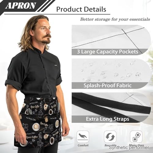 Server Apron with 3 Pockets 13 Inch Short Half Waist Aprons Waterproof Cooking Aprons for Women Men - Image 6