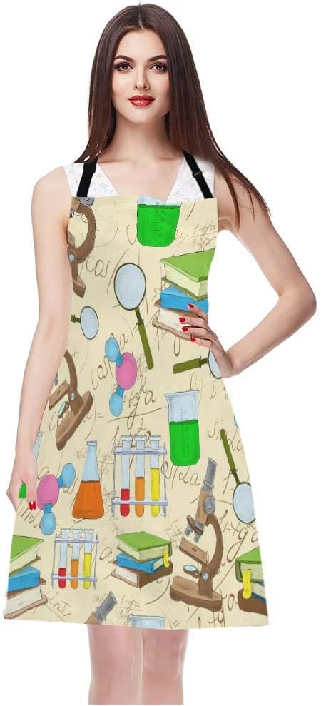 WONDERTIFY Science Education Sketch Apron,Laboratory Chemistry Book Equation Loupe Beaker Flask Glass Bib Apron with Adjustable Neck for Men Women,Suitable for Kitchen Cooking Chef Grill Bistro Apron