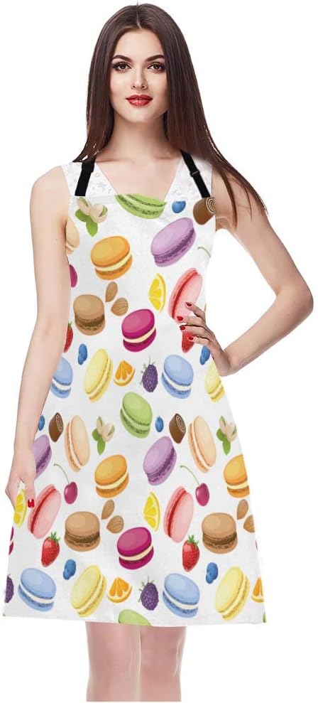 WONDERTIFY Macarons Apron,Colorful Macarons Cake and Various Fruits Bib Apron with Adjustable Neck for Men Women,Suitable for Home Kitchen Cooking Waitress Chef Grill Bistro Baking BBQ Cobbler Apron