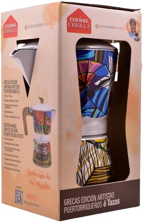 Puerto Rico Greca de Cafe Gift Set | Boricua Art Stovetop Coffee Maker & Moka Pot | with Authentic Cafe Borinquen | Cafetera, 6 Espresso Cups (Cafe Borinquen)