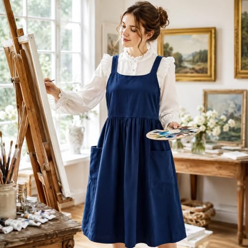 Uaussi Cotton Linen Apron Cross Back Work Apron for Women with Pockets Pinafore Dress X Cross Halter Apron for Chef Gardening - Image 7