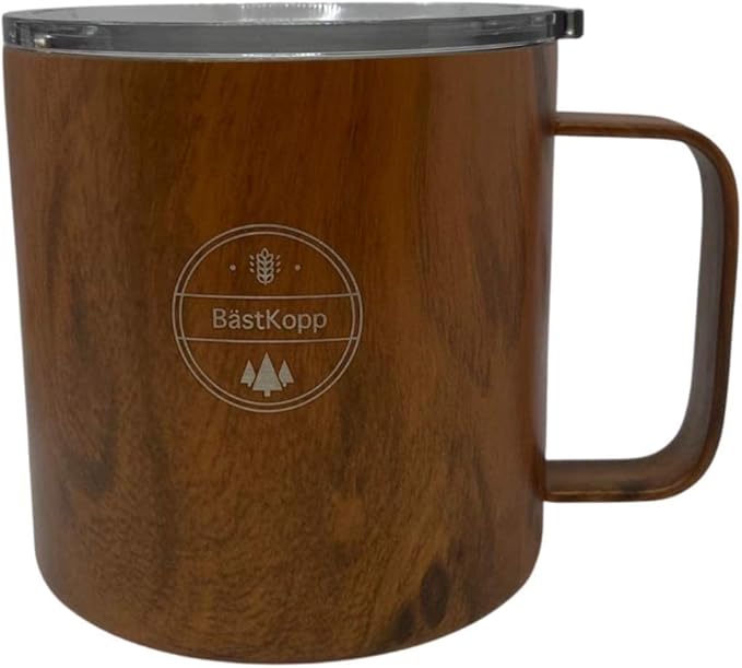 14 OZ Vacuum Insulated Double Wall 18/8 Stainless Steel Coffee Cup Tumbler, Mug, Beautiful Wood Design, With Durable Lid