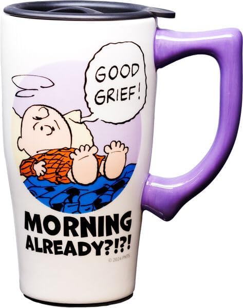 Spoontiques Peanuts Good Grief Ceramic Travel Coffee Mug with Lid and Handle - Spill Proof Lid - Double Walled Mug for Hot and Cold Beverages - Microwave and Dishwasher Safe