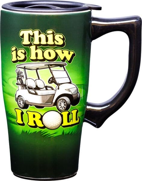 Spoontiques How I Roll Ceramic Travel Coffee Mug with Lid and Handle - Spill Proof Lid - Double Walled Mug for Hot and Cold Beverages - Microwave and Dishwasher Safe