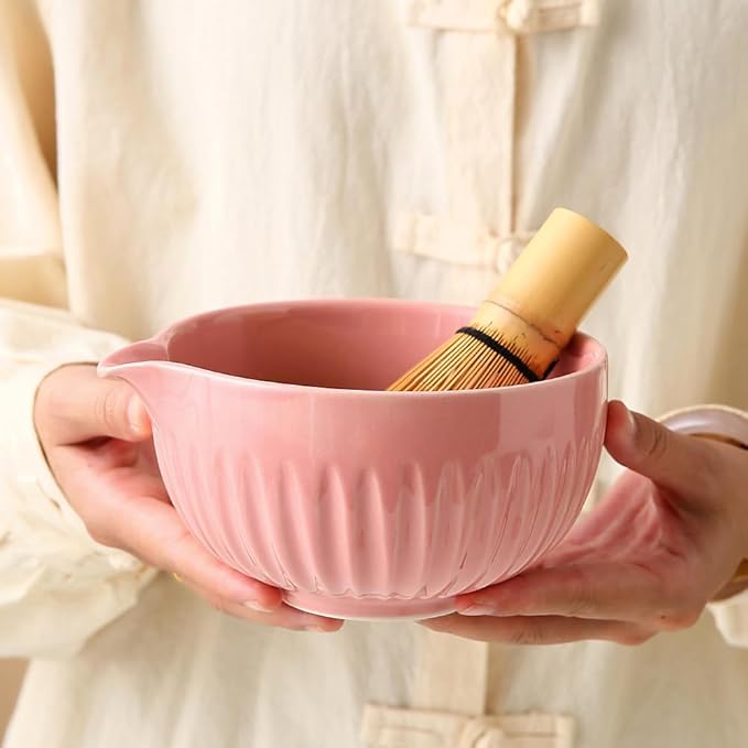 Matcha Bowl 2-Piece Traditional Ceramic Tea Bowls Matcha bowl with spout Classic Design Suitable for Daily Use & Tea Ceremony