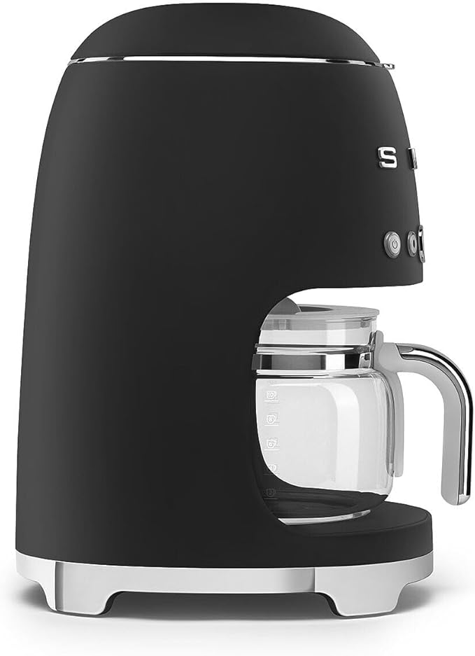 Smeg 50's Retro Style Aesthetic Drip Coffee Machine with 10 Cup Glass Carafe, Auto Start Feature, Keep Warm Plate, and Two Coffee Strength Settings (Matte Black)