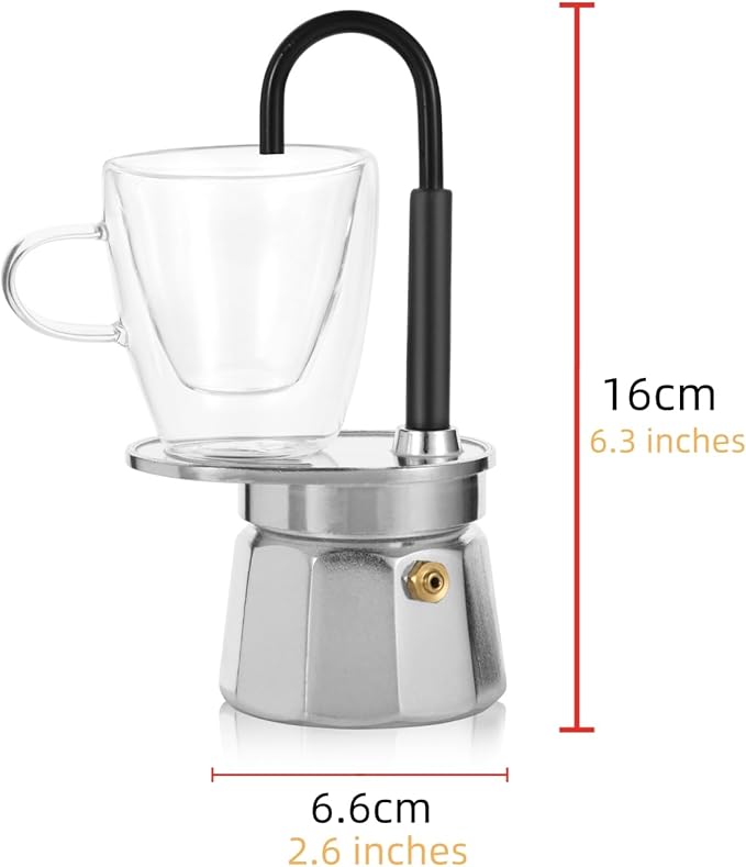 MVPLUE-Mini Express Swiss Single Tube Moka Pot Aluminum Silver,Moka Set includes One Double Wall 3oz Cup,Enjoy delicious coffee in no time