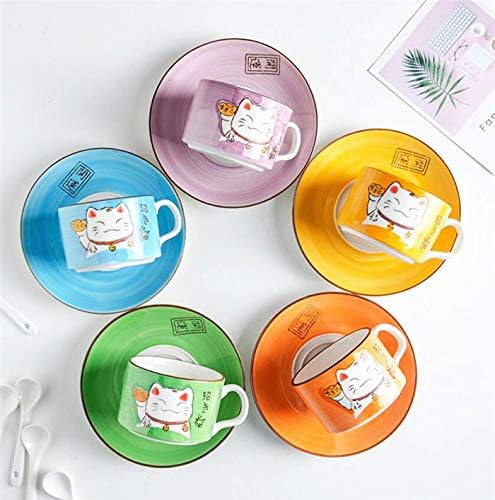 EatingBiting 5 Colors Handcraft Lucky Cat Maneki Neko Ceramic Tea Cups Mugs Dish Spoon 3PCs (green)