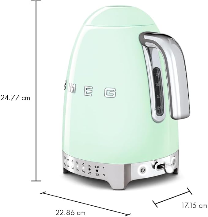 SMEG 7-Cup Variable Temperature Electric Kettle - Retro Style Aesthetic with Advanced Technology - Stainless Steel, 1400W, 120V, 360° Swivel Base, Keep Warm Function (Pastel Green)