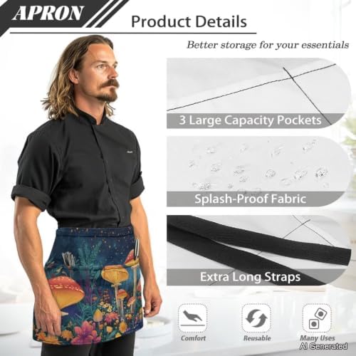 Server Apron with 3 Pockets 13 Inch Short Half Waist Aprons Waterproof Cooking Aprons for Women Men - Image 6