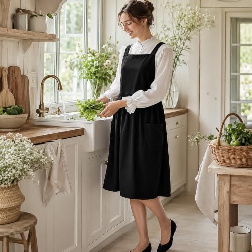 Uaussi Cotton Linen Apron Cross Back Work Apron for Women with Pockets Pinafore Dress X Cross Halter Apron for Chef Gardening - Image 7