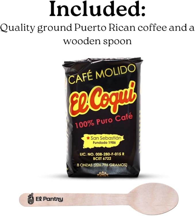 Puerto Rico Greca de Cafe Gift Set | Boricua Art by Joshua Montes Stovetop Coffee pot & Moka Pot with Authentic Café El Coqui and a Wooden Spoon | Cafetera | El Coqui, 6 Espresso Cups
