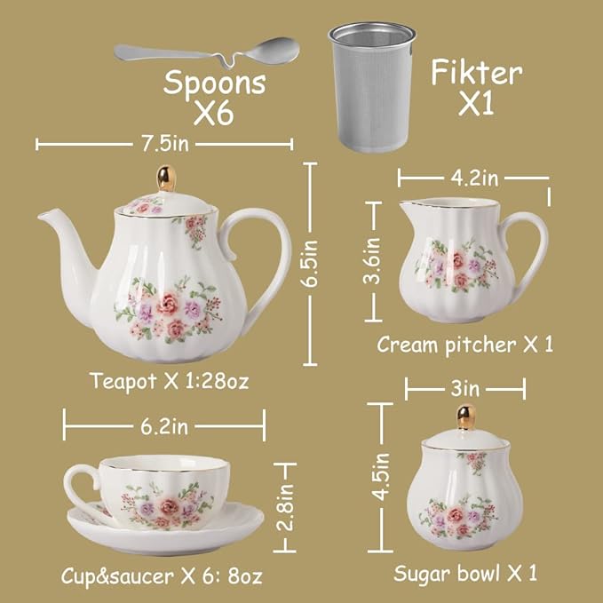 Porcelain Tea Sets British Royal Series, 8 OZ Cups & Saucer Service for 6, with Teapot Sugar Bowl Cream Pitcher Teaspoons and Tea Strainer, Suitable for High Tea, Wedding, Party(Rose Flower)
