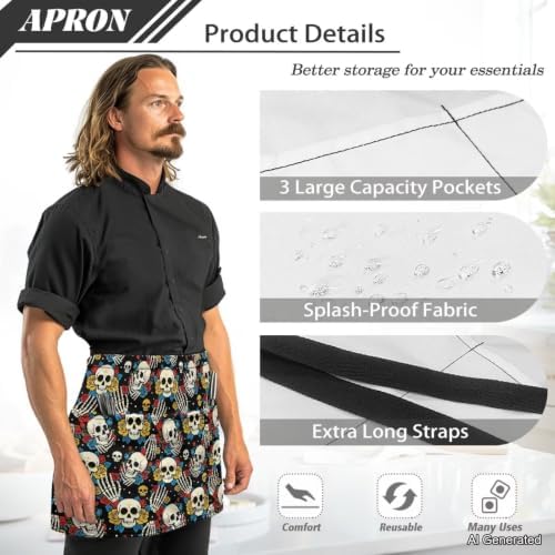 Server Apron with 3 Pockets 13 Inch Short Half Waist Aprons Waterproof Cooking Aprons for Women Men - Image 6