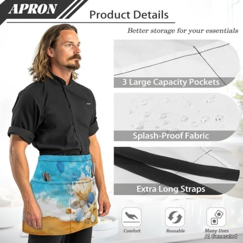 Server Apron with 3 Pockets 13 Inch Short Half Waist Aprons Waterproof Cooking Aprons for Women Men - Image 6