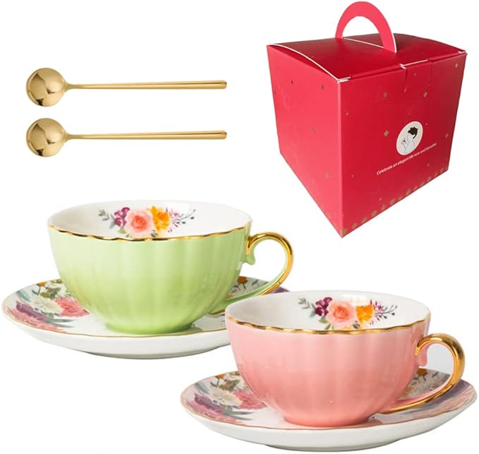 ONEUSTAR Tea Cup and Saucer Set for 2 Bone China English Tea Cup Floral Teacups Coffee Latte Mugs for Mother's Day Women Birthday Party Gifts, 8 Oz