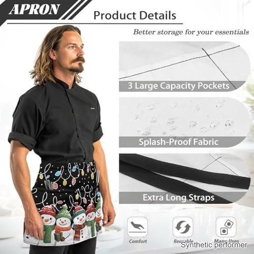 Server Apron with 3 Pockets 13 Inch Short Half Waist Aprons Waterproof Cooking Aprons for Women Men - Image 6