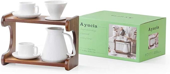 Pour Over Coffee Maker Set, 22OZ Ceramic Pour Over Coffee Dripper with Acacia Wood Stand and 5OZ Cups and Saucers Set of 2, Size 02