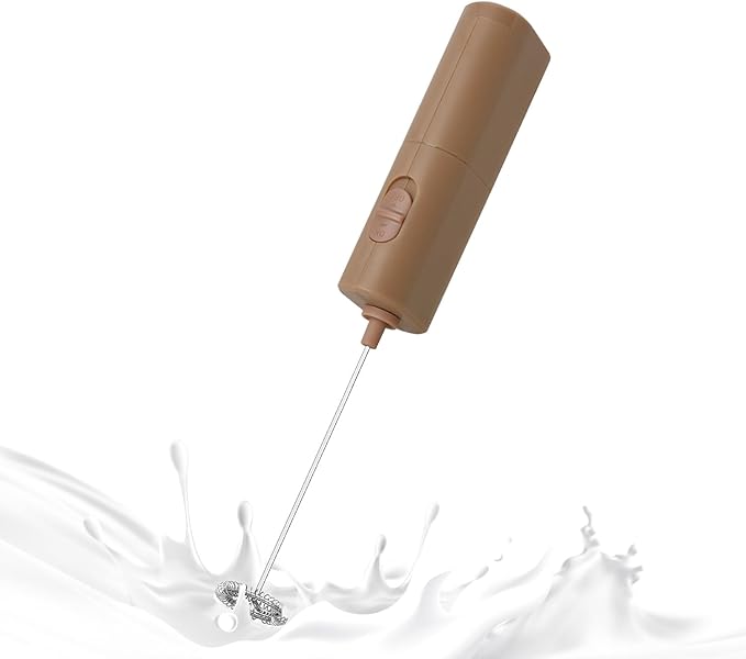 Portable Coffee Frother by ELMWAY, Battery Operated Electric Whisk, Mini Milk Frother Handled for Coffee, Latte, Matcha and Protein Powder - Brown
