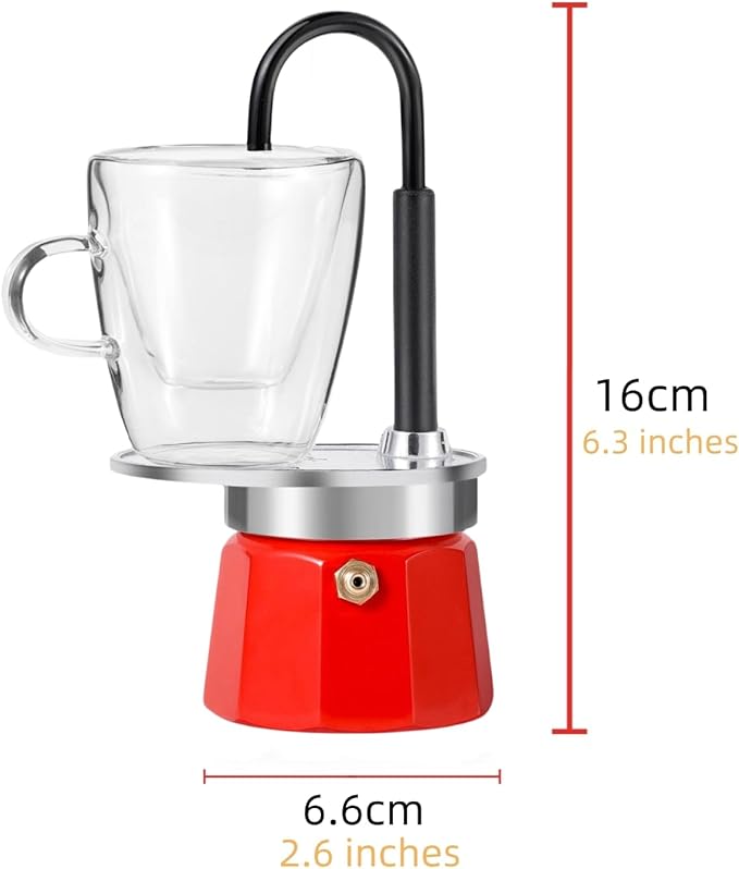 MVPLUE-Mini Express Swiss Single Tube Moka Pot Aluminum Red,Moka Set includes One Double Wall 3oz Cup,Enjoy delicious coffee in no time