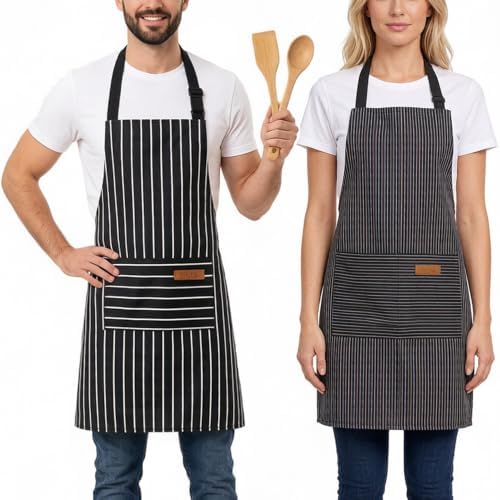 Chef Apron Bib Apron with 2 Large Pockets Adjustable Neck Strap Kitchen Apron Cooking Apron Stripes Baking Apron - Image 7