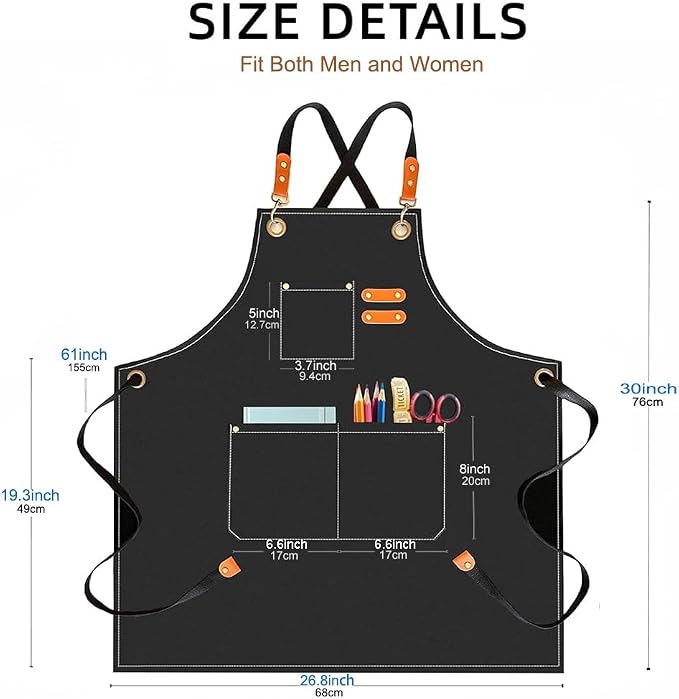 Aprons for Men Women with 3 Pockets, 16oz Cotton Canvas Chef Apron | Crossback Heavy Duty Kitchen Apron for Cooking, Durable Work Apron for Grilling, Baking, Hairstylist, Bartender, Barista, Art - Image 6