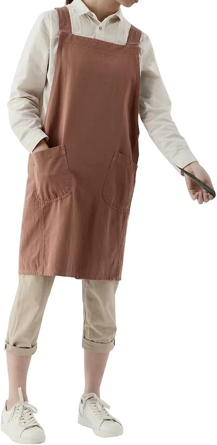 Japanese Cotton Linen Cross Back Apron with Pockets,Fashion Pinafore Dress for Gardening Painting Cleaning Cooking - Image 7