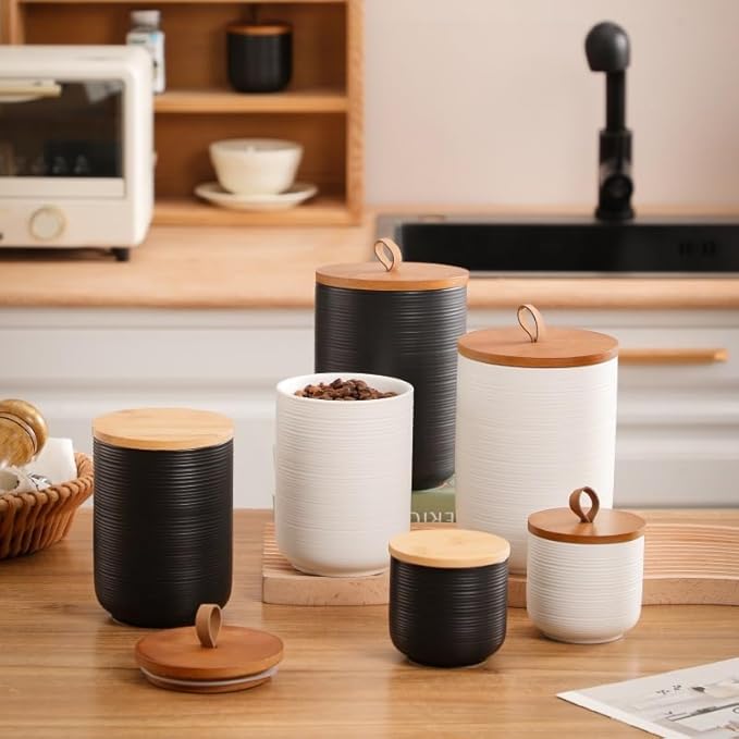 Food Storage Jar Strong Ceramic Storage Canisters with Airtight Wooden Lid,Kitchen Storage Containers for Serving Coffee Beans, Tea, Sugar, Salt, Spices (Little black 9 oz)