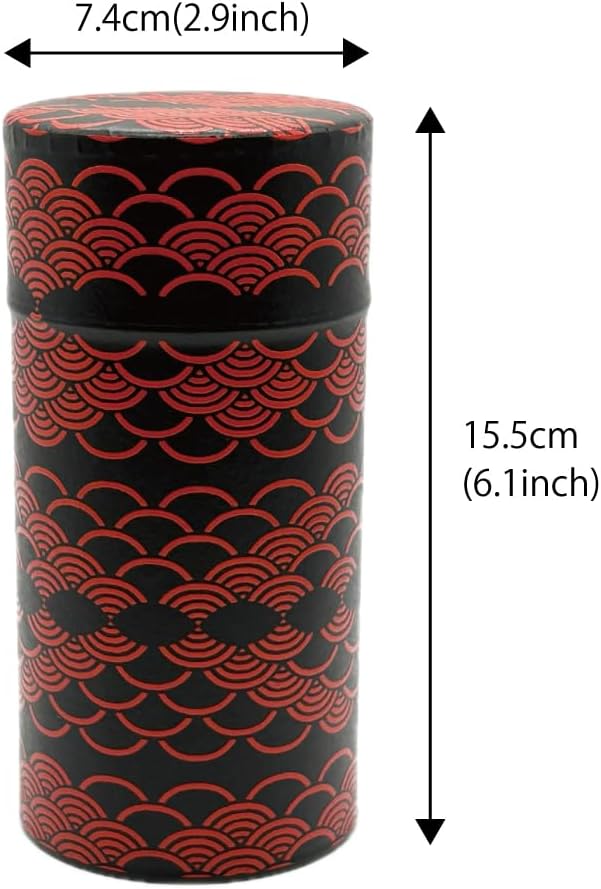 Japanese Tea Canister Tin KAMAKURABORI Nami(Wave) Pattern/Double Lid/Japanese Washi Paper Pasted /200g Tea Capacity/Loose Leaf Tea Storage/Storage Container with Lid