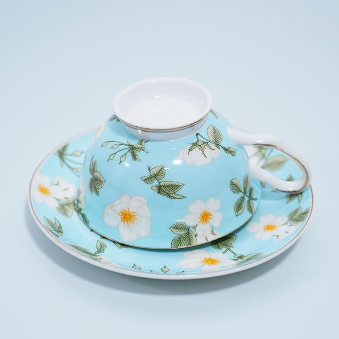 Bone China Tea Cup and Saucer Set with Spoon,Elegant Floral Tea Cup Set (7 oz),British Coffee Latte Mug for Birthday Party Christmas gift for Friends