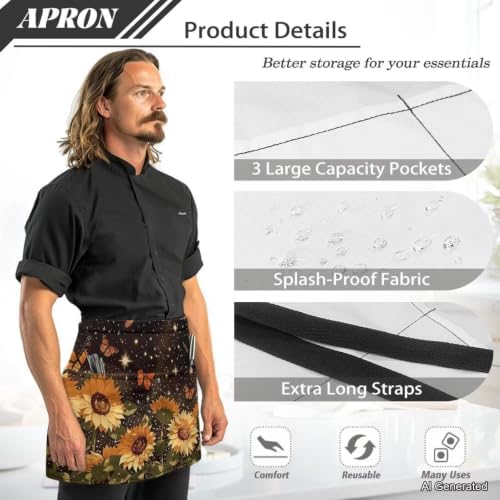 Server Apron with 3 Pockets 13 Inch Short Half Waist Aprons Waterproof Cooking Aprons for Women Men - Image 6