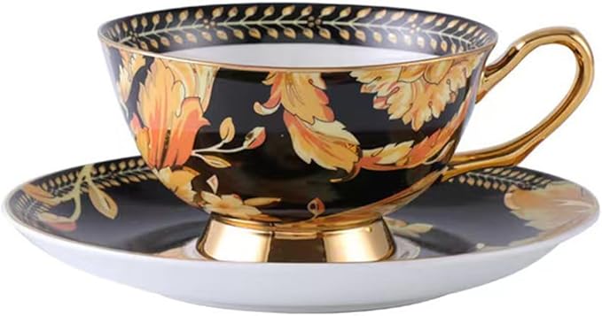 Cup& Saucer Set Bone China Tea Coffee Cup for Breakfast Afternoon Tea- Phoenix Feather (Black)