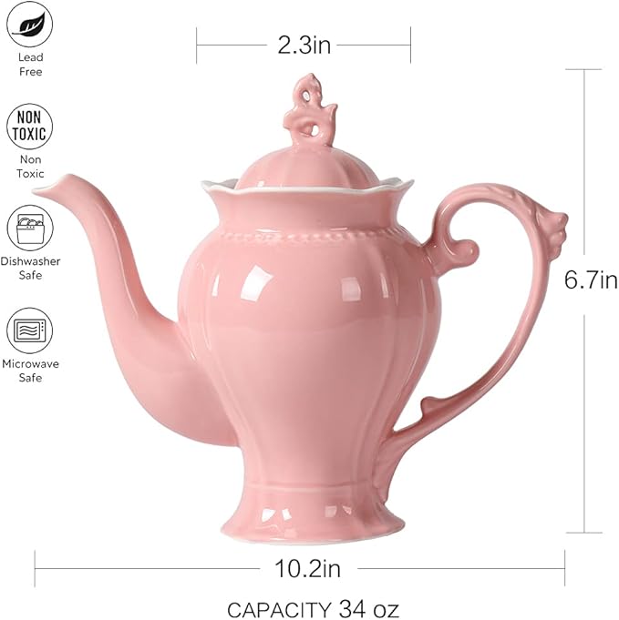 Fine Porcelain Pink English Teapot, Coffee Pot, Victoria Style, Light Weight, 37 Oz