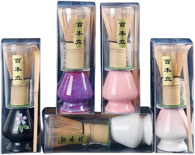 Japanese Matcha Tea Set, Bamboo Whisk (Chasen) + Matcha Scoop (Chashaku)+Ceramic Whisk Holder,fit for Japanese Tea Matcha Tea,Matcha Latte Accessories (M)