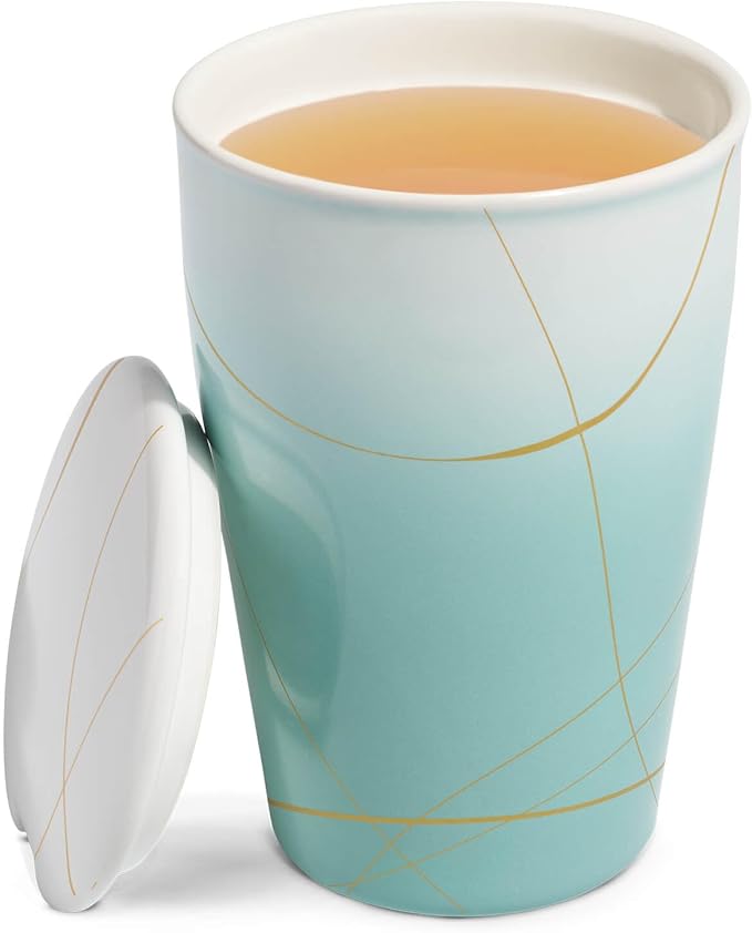 Tea Forte Double-Walled Ceramic Kati Cup, Removable Stainless Steel Infuser Basket and Lid, Steeps 12 oz Loose Leaf Tea, Dishwasher & Microwave Safe, Wellbeing