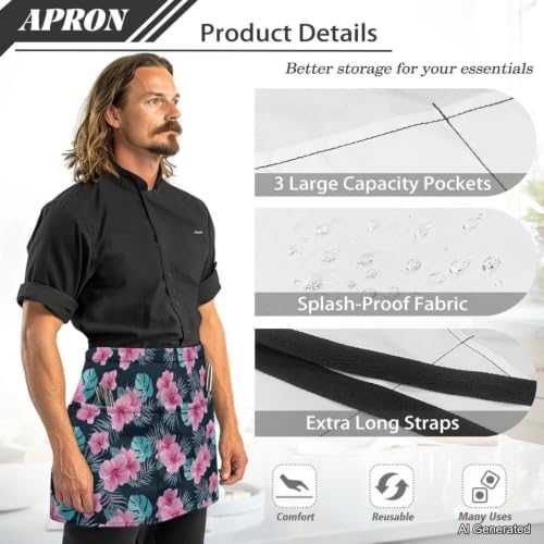 Server Apron with 3 Pockets 13 Inch Short Half Waist Aprons Waterproof Cooking Aprons for Women Men - Image 6