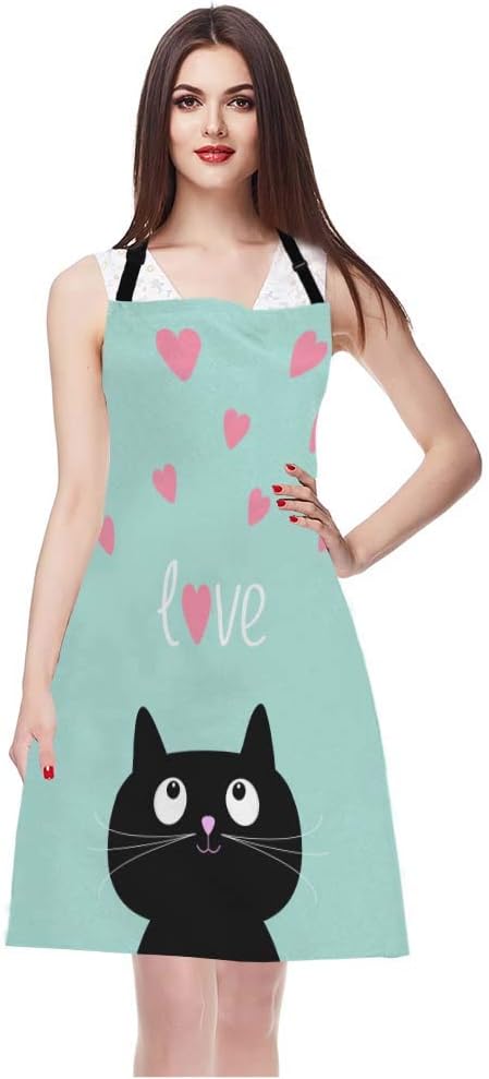 WONDERTIFY Black Cat Apron,Pink Hearts and Cute Cartoon Cat Blue Background Bib Apron with Adjustable Neck for Men Women,Suitable for Home Kitchen Cooking Waitress Chef Grill Bistro Baking BBQ Apron