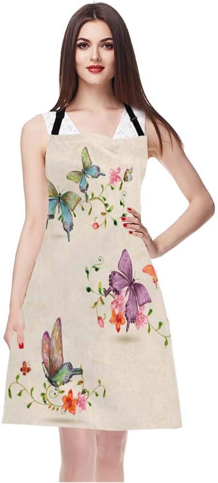 WONDERTIFY Butterfly Apron,Colorful Butterflies Flying Around The Beautiful Flowers Bib Apron with Adjustable Neck for Men Women,Suitable for Kitchen Cooking Waitress Chef Grill Bistro Baking Apron