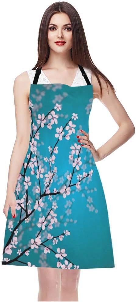 WONDERTIFY Plum Blossom Apron,Pink Flowers Reflected in Water Blue Bib Apron with Adjustable Neck for Men Women,Suitable for Home Kitchen Cooking Waitress Chef Grill Bistro Baking BBQ Artist Apron