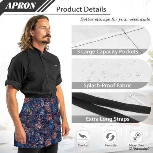 Server Apron with 3 Pockets 13 Inch Short Half Waist Aprons Waterproof Cooking Aprons for Women Men - Image 6